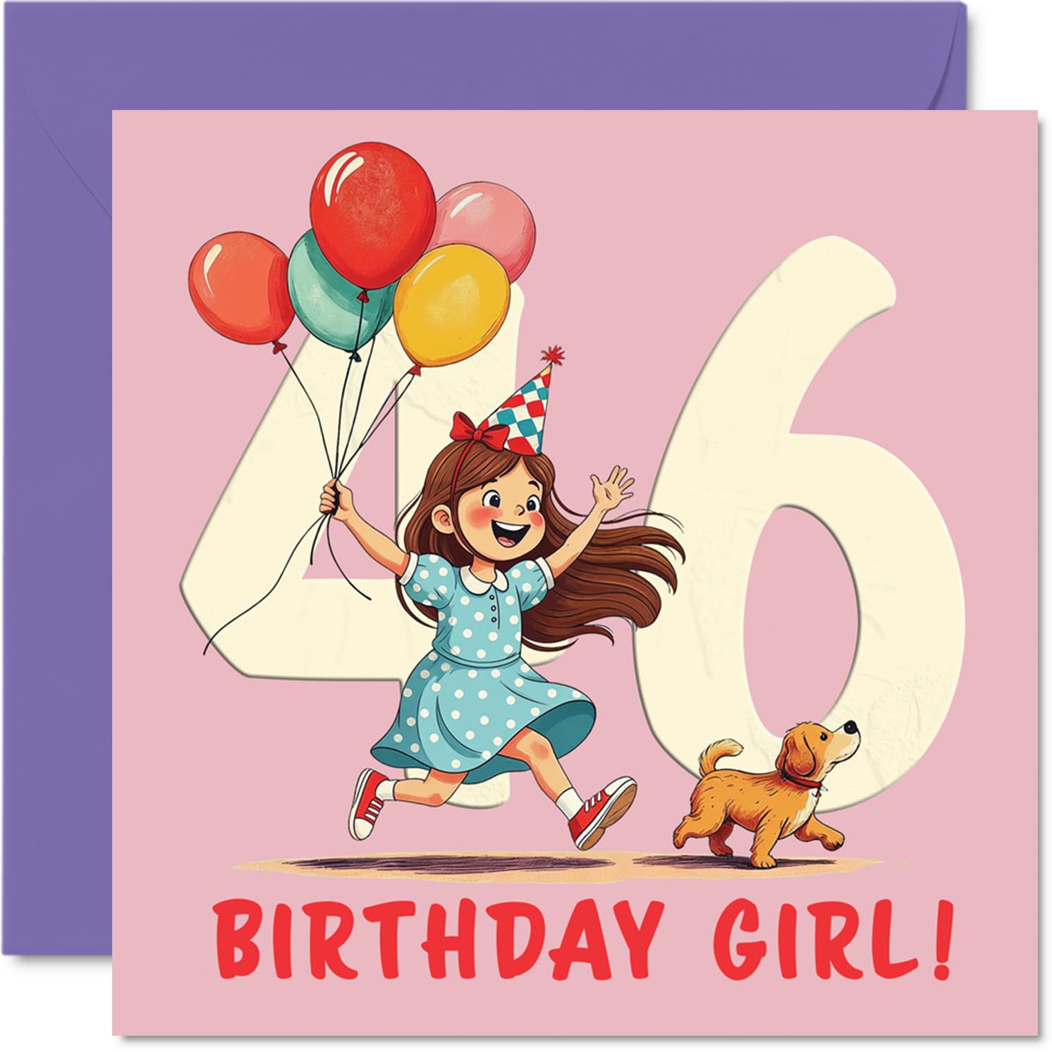 46th Birthday Cards for Women - Balloon Girl - Happy Birthday Card for 46 Year Old Woman Cousin Colleague Neighbour Auntie, 145mm Bday Greeting Cards