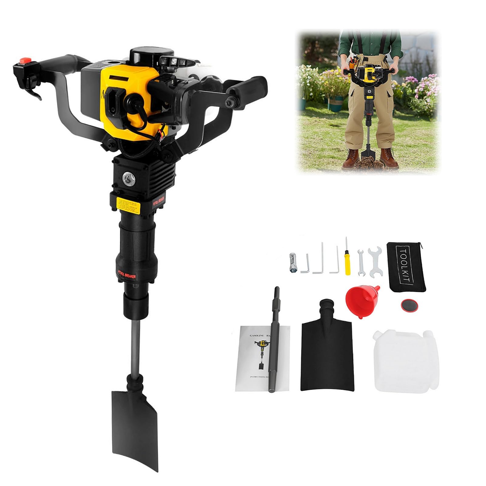 Scavatrice a benzina 52 CC 1900 W per albero da giardino, escavatore a 2 tempi, motore a benzina, con pala, albero da giardino, macchina per scavo per frutteti, parchi, aziende forestali