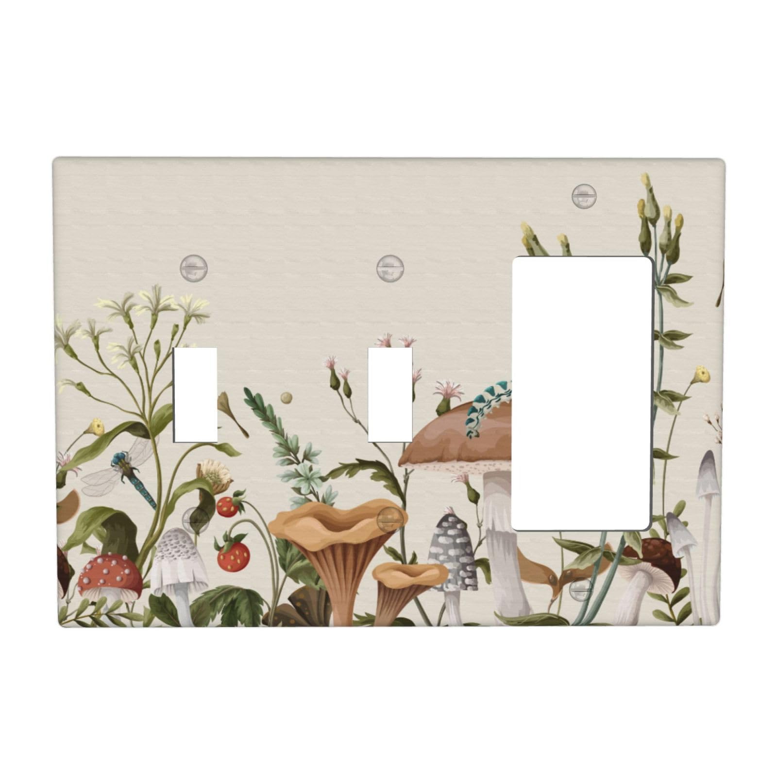 Beige Boho Mushroom Floral 3 Gang 2 Toggle 1 Decorator/GFCI Combination Light Switch Cover Decorative Triple Combo Switch Face Wall Plate Room Decor