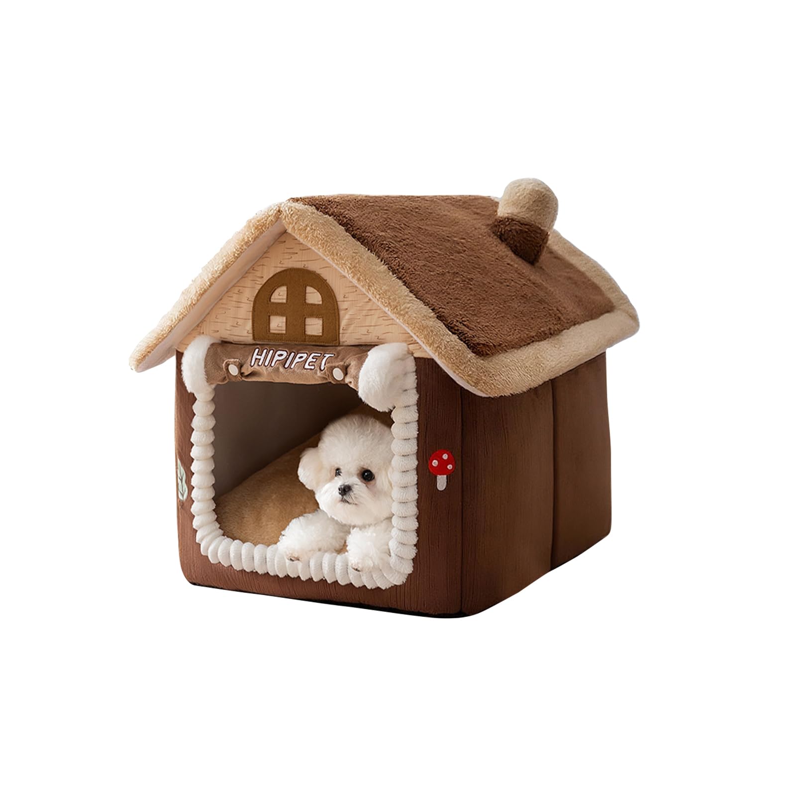 Galatée Cat House, Cute Cave with Fireplace, Cartoon Soft House, Warm Cat Shelter, Dog Tent with Removable Cushion (S, Brown)