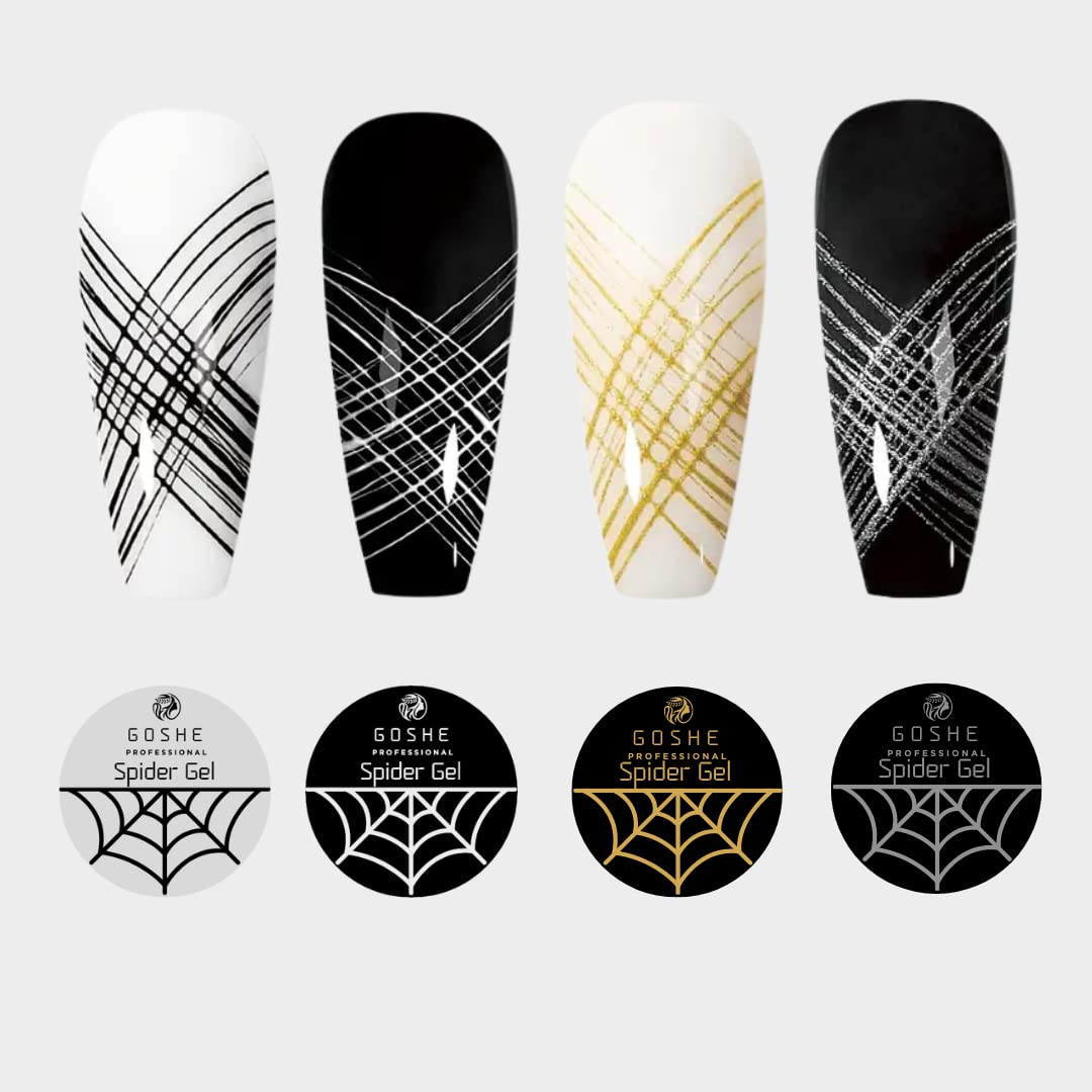 Goshe Spider Gel Set of 4 Colors (BLACK | SILVER | GOLD | WHITE) Painting Elastic Drawing Spider Gel for Nail Art | Soak off UV LED Nail Gel | DIY Nail Art Manicure with Brushes-image-31