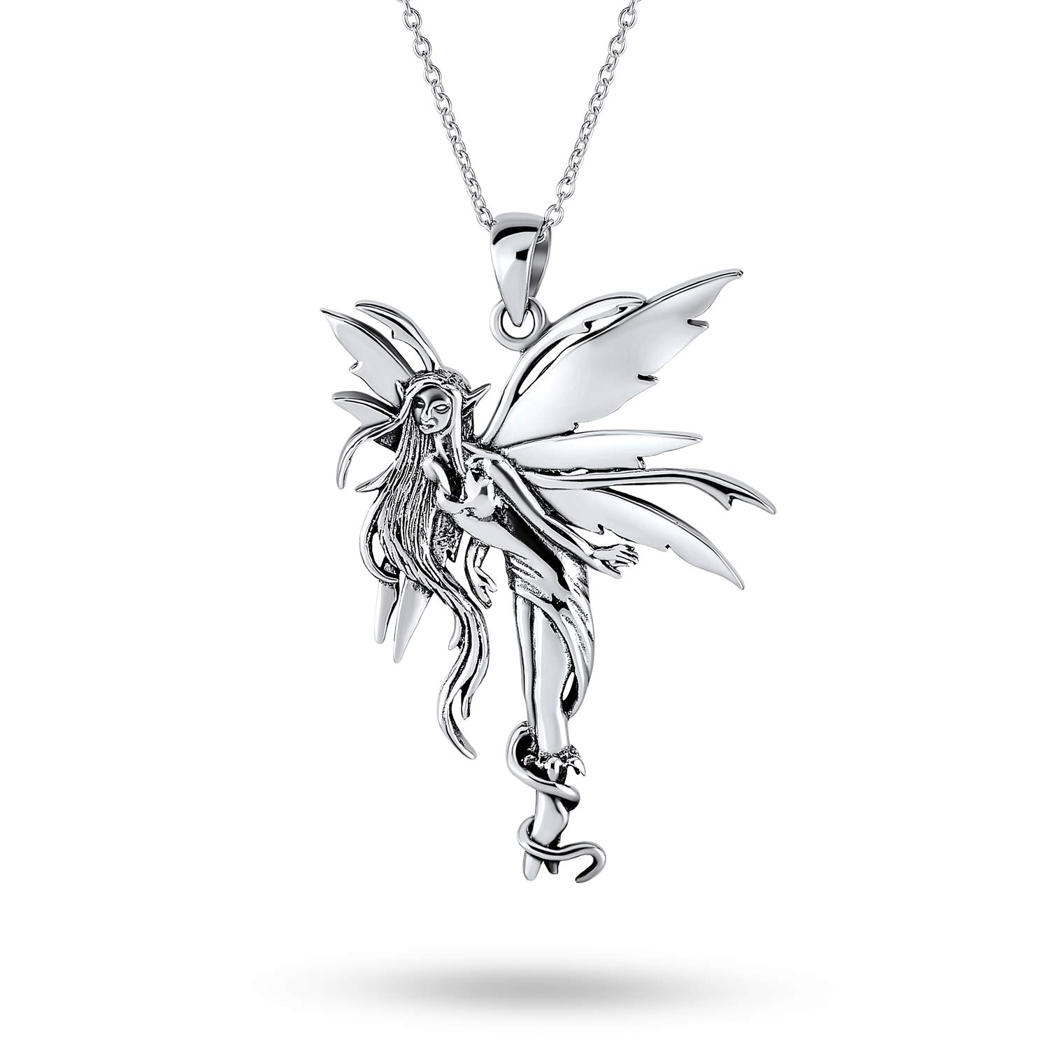 Bling Jewelry Firefly Cubic Zirconia CZ Accent Fairies Pixie Dust Angel Fairy Tinkerbell Pendant Necklace For Women Teen Oxidized .925 Sterling Silver