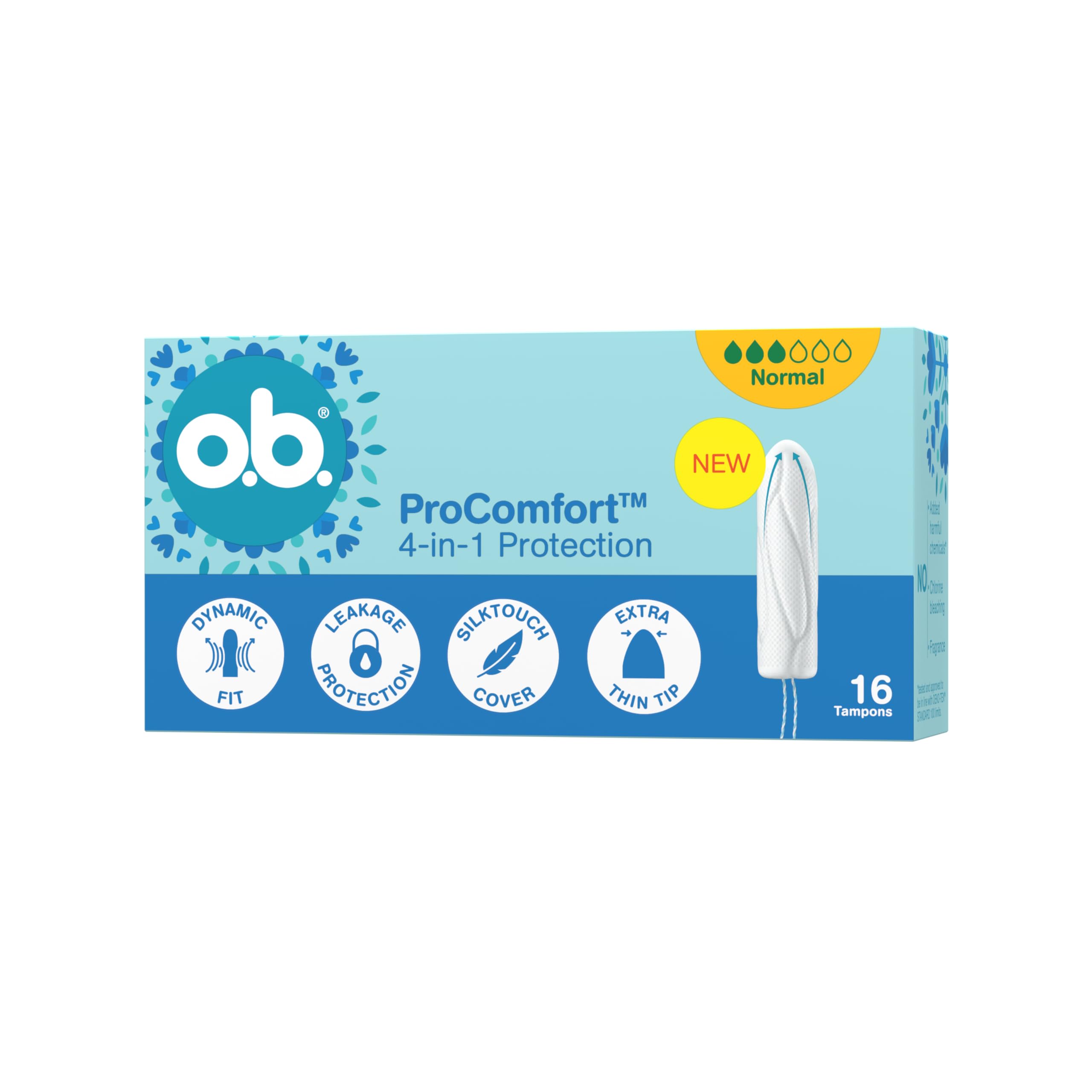 o.b. ProComfort Normal Tampony Zestaw 6x16 szt. NOWOŚĆ, Łatwa aplikacja i usuwanie tamponu, Na średnie lub mocne krwawienie, Wnętrze tamponu wykonane w 100% z materiałów pochodzenia roślinnego