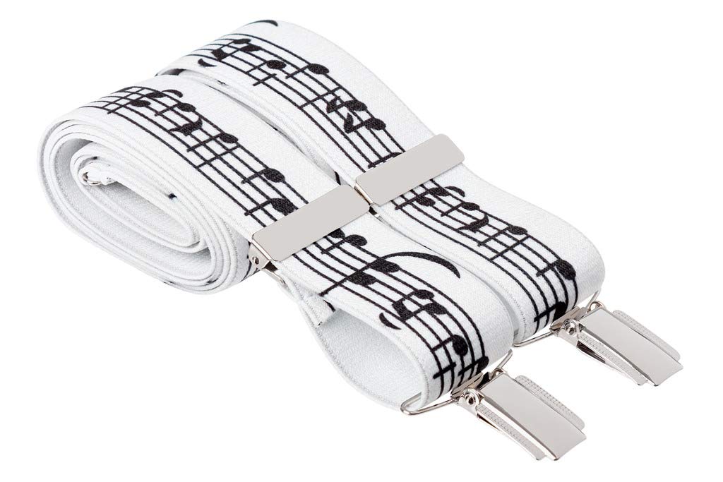Gs Braces Men's Music Notes Design Xl Clip On White Trouser Braces With Black Musical Notes. X-Style 35Mm Wide 4 Silver Clips 48 Inch