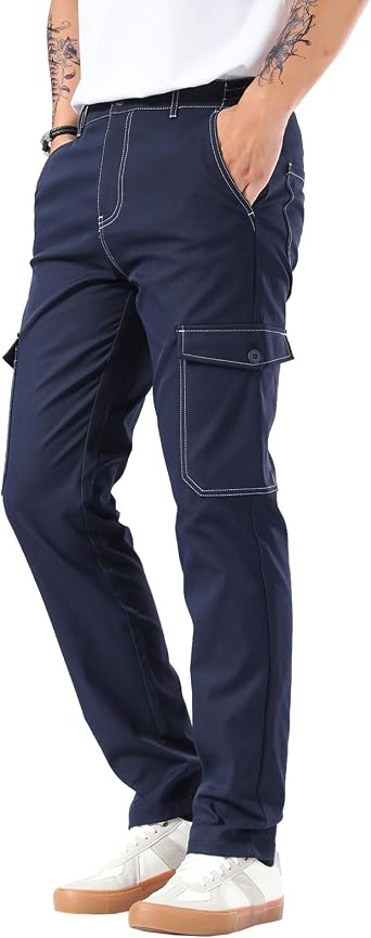 Plaid&Plain Mens Cargo Pants Slim Fit with Contrasting Topstitching and Multi-Pocket