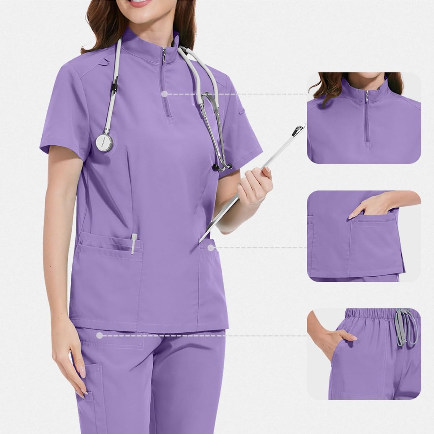 Scrubs for Women Set,Zipper Multiple Pockets Nurse Uniform,Unisex Top&Straight Leg Pants Medical Uniform for Doctors - Image 5