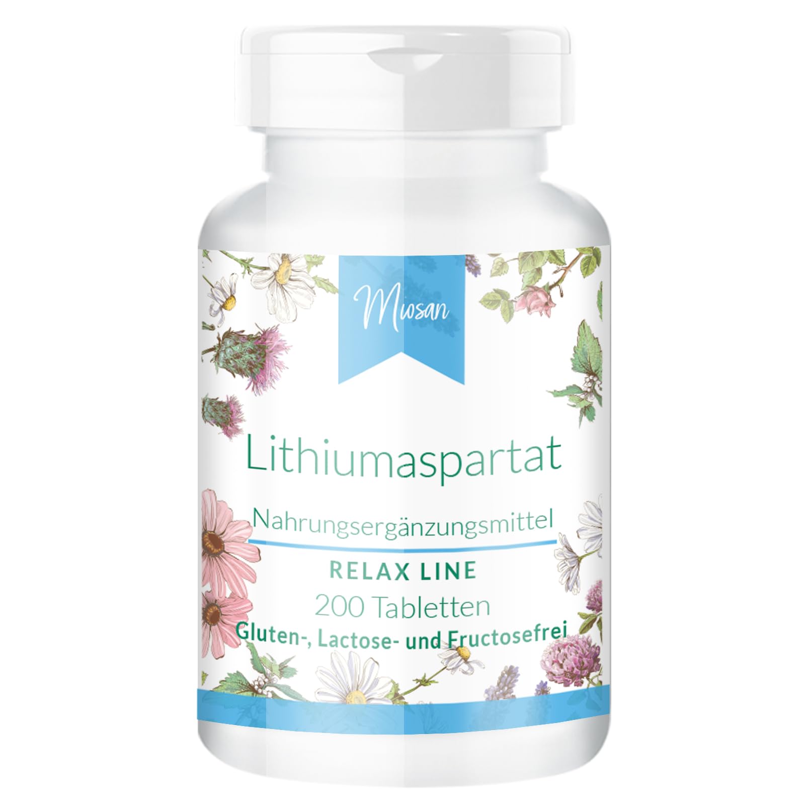 Lithiumaspartat - 200 Tabletten - schluckfreundlich - RELAX LINE - 30mg pro Tablette - Hochdosiert - 100% Vegan – Herstellung & Laborprüfung in Deutschland | MIOSAN® CLUB - Exklusives Wohlbefinden