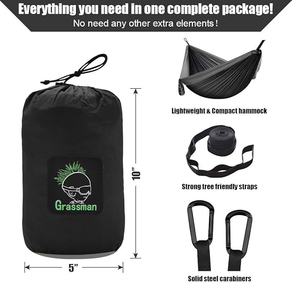 Grassman Camping Hammock Double & Single Portable Hammock with Tree Straps, Lightweight Nylon Parachute Hammocks Camping Accessories Gear for Indoor Outdoor Backpacking, Travel, Hiking, Beach