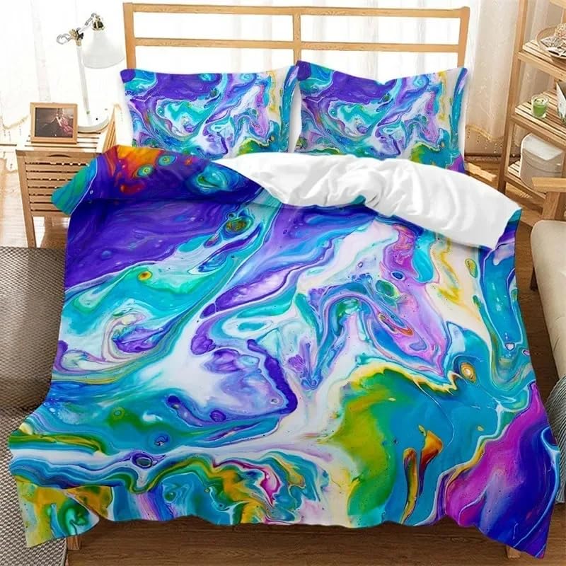 Housse de couette marbre violet et bleu pour lit enfant grand motif aquarelle abstrait zippé