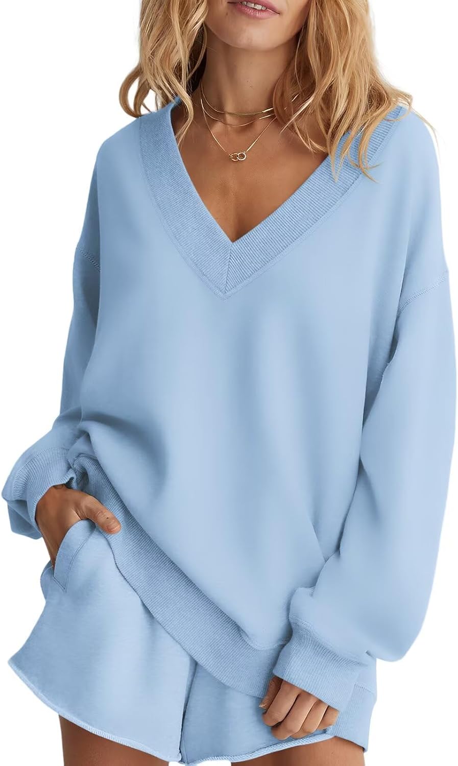 Ovanviso Womens Fleece Lined V Neck Sweatshirts Oversized Pullover Trendy Fashion Sweater Loose Fit Tops