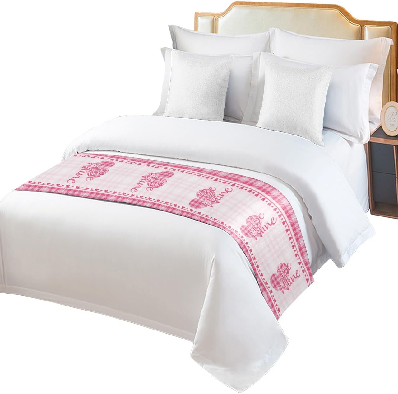 Bed Runner Scarf Valentine's Day Love Heart Pink White plaid Texture Bedding Scarf Decorative Bed Runners Cover for Home Bedroom Hotel Wedding Room Bed Scarf for Foot of Bed Queen 83x20in