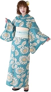 「和なでしこ」浴衣 セット レディース レトロ 上質 高級変わり織り綿麻浴衣3点セット「水色地にひまわり」