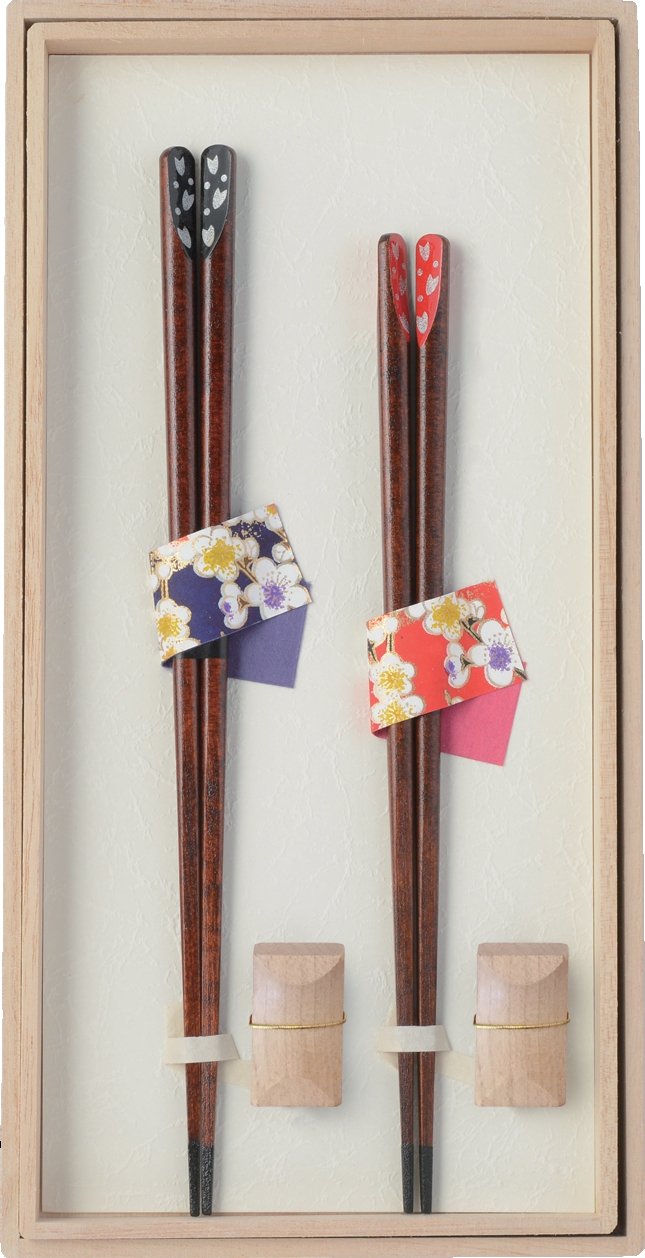 Hezaemon X-209 Wakasa-Painted Chopsticks, Tenshaved Cherry Blossom Couple Chopsticks, 9.3 inches (23.5 cm), 8.5 inches (21.5 cm), With Chopsticks Rest