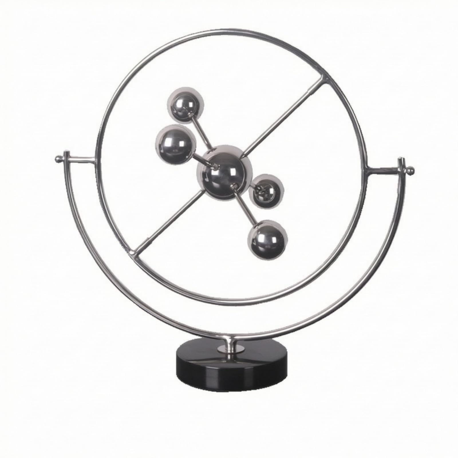 Sfera Decorativa Scultura Moderna Arredo Tavolo Centrotavola Astratto con Struttura Circolare E Barre Intersecanti in Lega con Sfere Specchiate Base