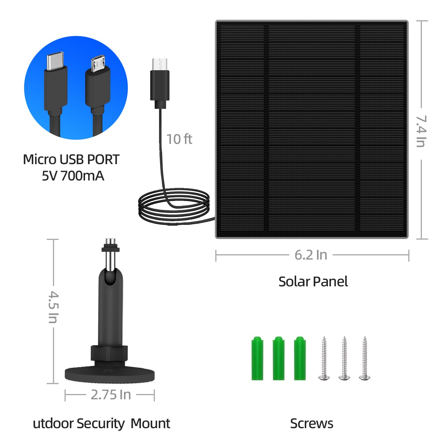 Pannello solare da 5 W per telecamera di sicurezza, pannello solare con porta Micro USB e USB-C per fotocamera con batteria ricaricabile da esterni DC 5 V, impermeabile IP65, supporto di sicurezza