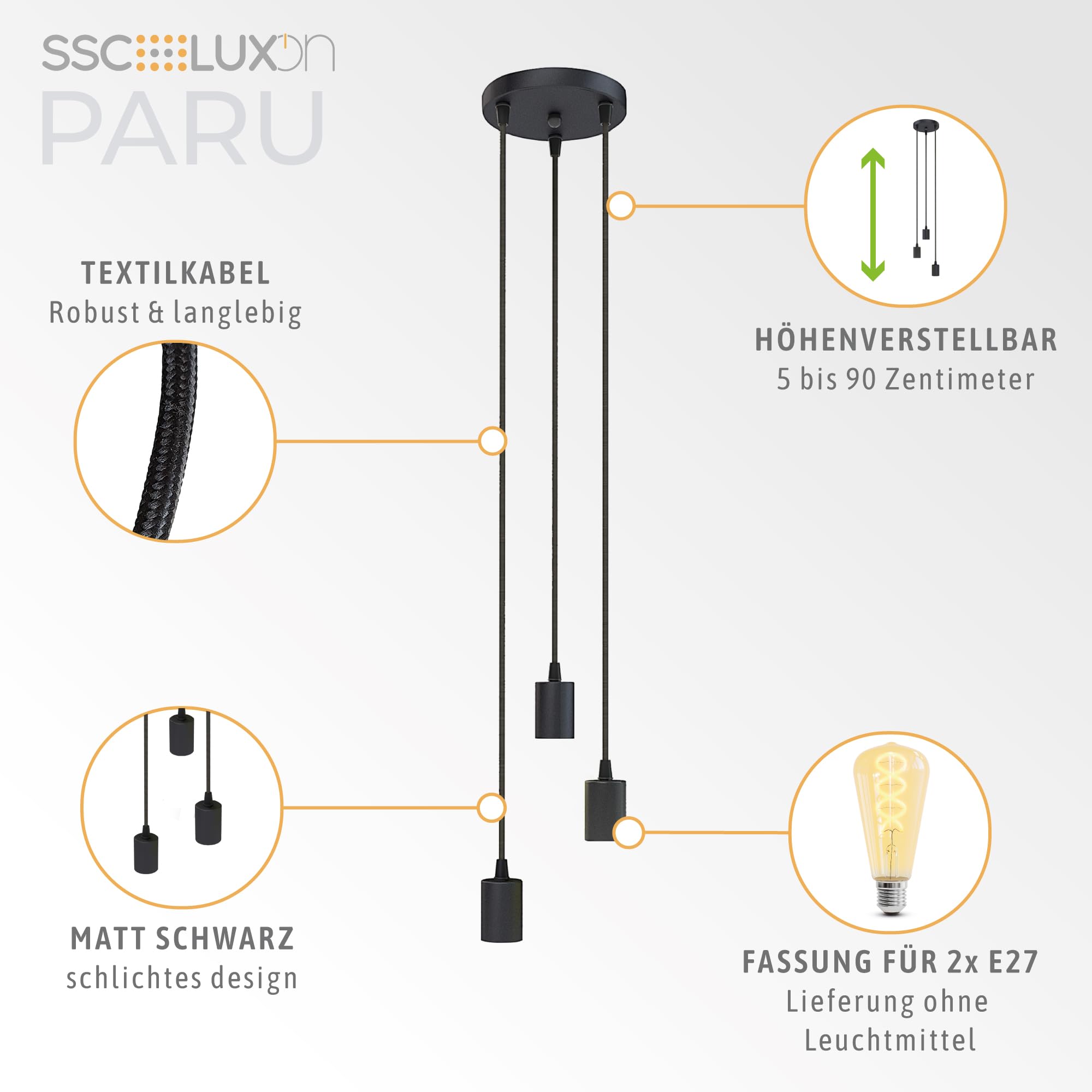 SSC-LUXon PARU Hängeleuchte 3-flammig Retro schwarz - Industrial Style Pendellampe mit Textilkabel höhenverstellbar für E27 Lampen