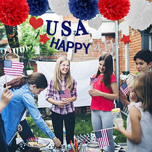 Image of Fourth-4th of July Imemorial-Day Party-Decorations - 8pcs Red White Blue Patriotic Banner Hanging USA Garland Streamers, Paper Tissue Pom Poms Flowers,America Independence Day Decor Lasting Surprise