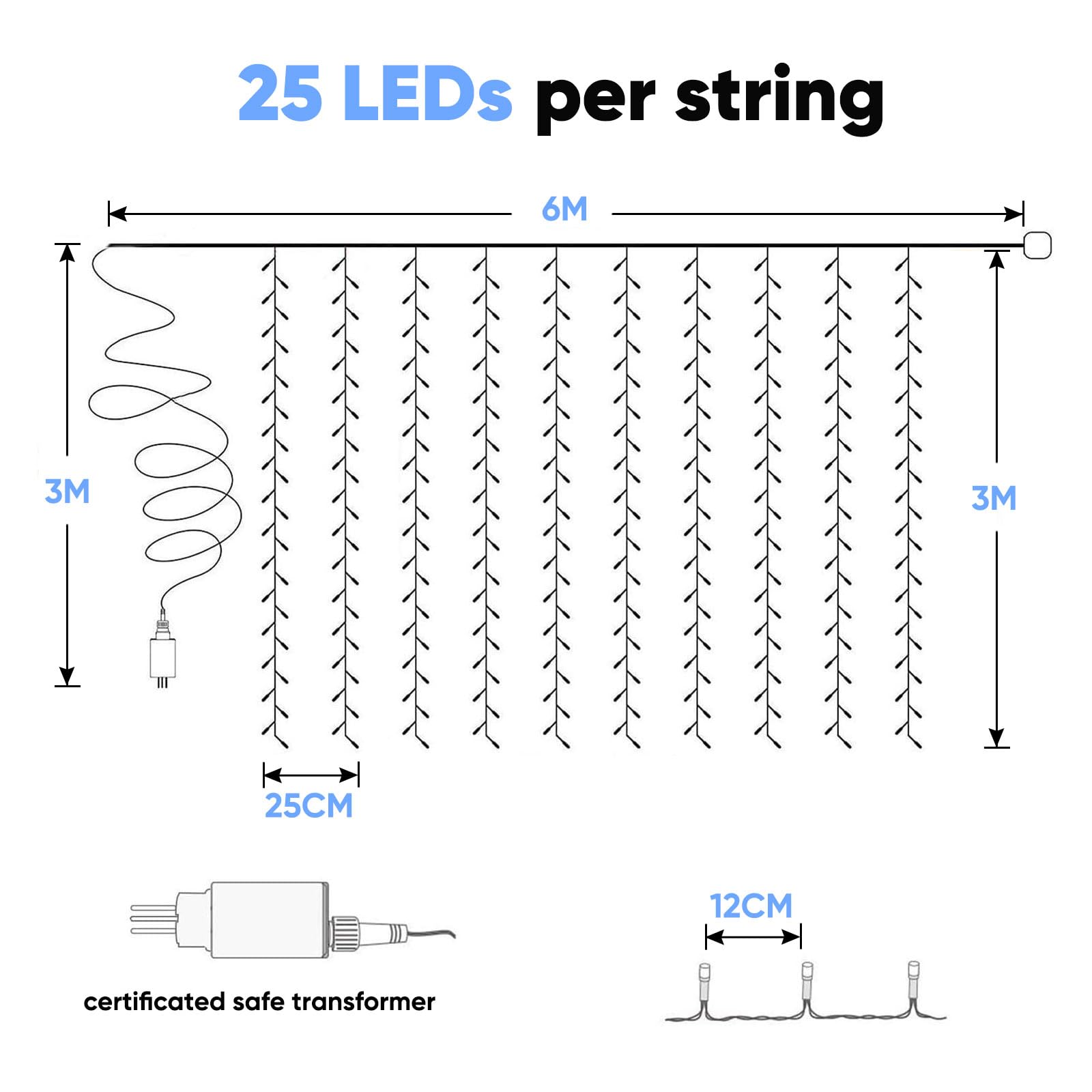 Elegear Kurtyna świetlna na zewnątrz, 6 x 3 m, 600 diod LED, z lodowym