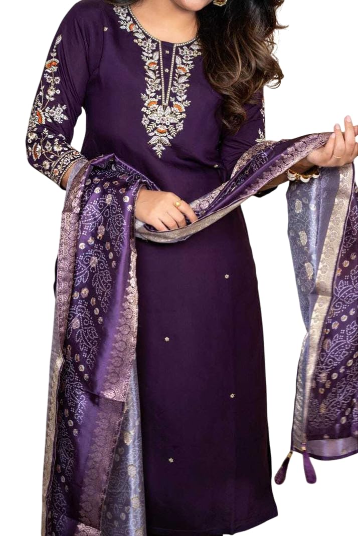 Magenta Women Embroidered Kurta with Dupatta Set | Ethnic Straight Kurti for Festive Wedding Party Casual Wear | 3/4 Sleeve Traditional Indian Outfit for Women & Girls Elegant Style-picture-16