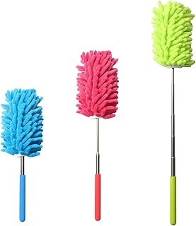 Extendable Microfibre Dusters Set of 3 Cleaning Feather Duster Washable Duster Brush Head Extending Pole Microfiber Duster Telescopic Long Handles Fluffy Rotating Dusting Cleaner Home Office Brush