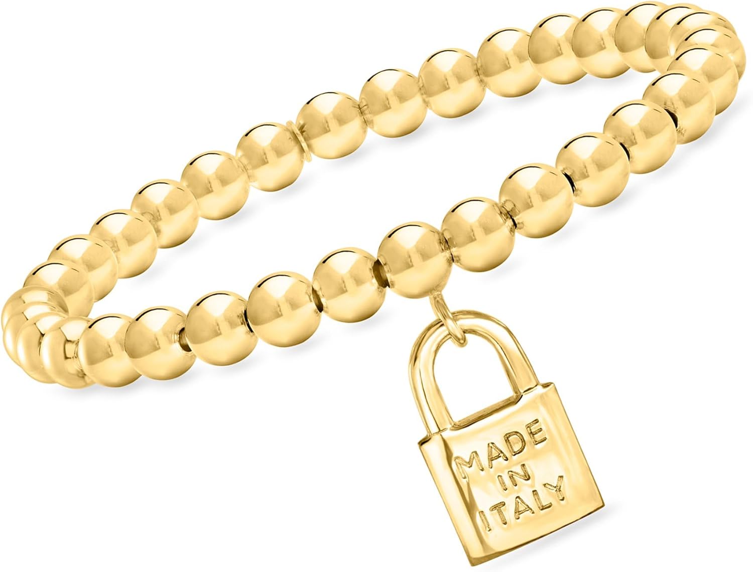 Ross-Simons Italian 6mm 18kt Gold Over Sterling Bead Stretch Bracelet With Made in Italy Lock Charm