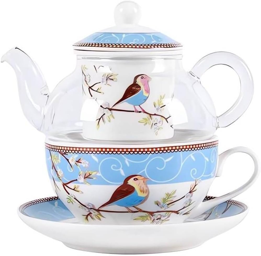 YBK Tech Glass Teapot with a Porcelain Infuser Strainer, Happy Bird Pattern Cup and Saucer Set, Teapot and Teacup for One (Blue)