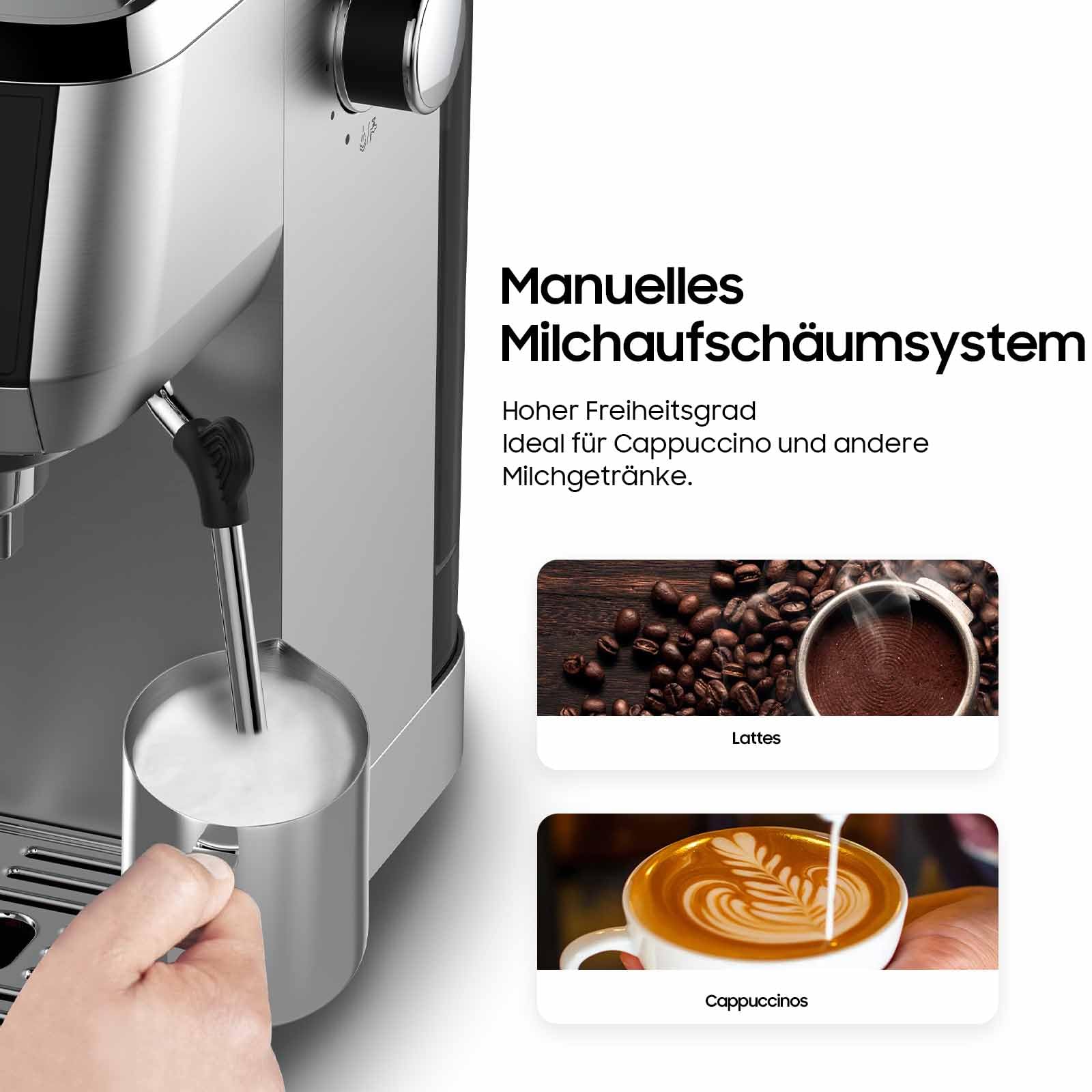iceagle Espressomaschine CM1665B 20 Bar Italienischer Pumpe Siebträgermaschine Edelstahl Kaffeemaschine Espresso Cappuccino Latte Touchscreen Druckanzeige 1.3L Wassertank