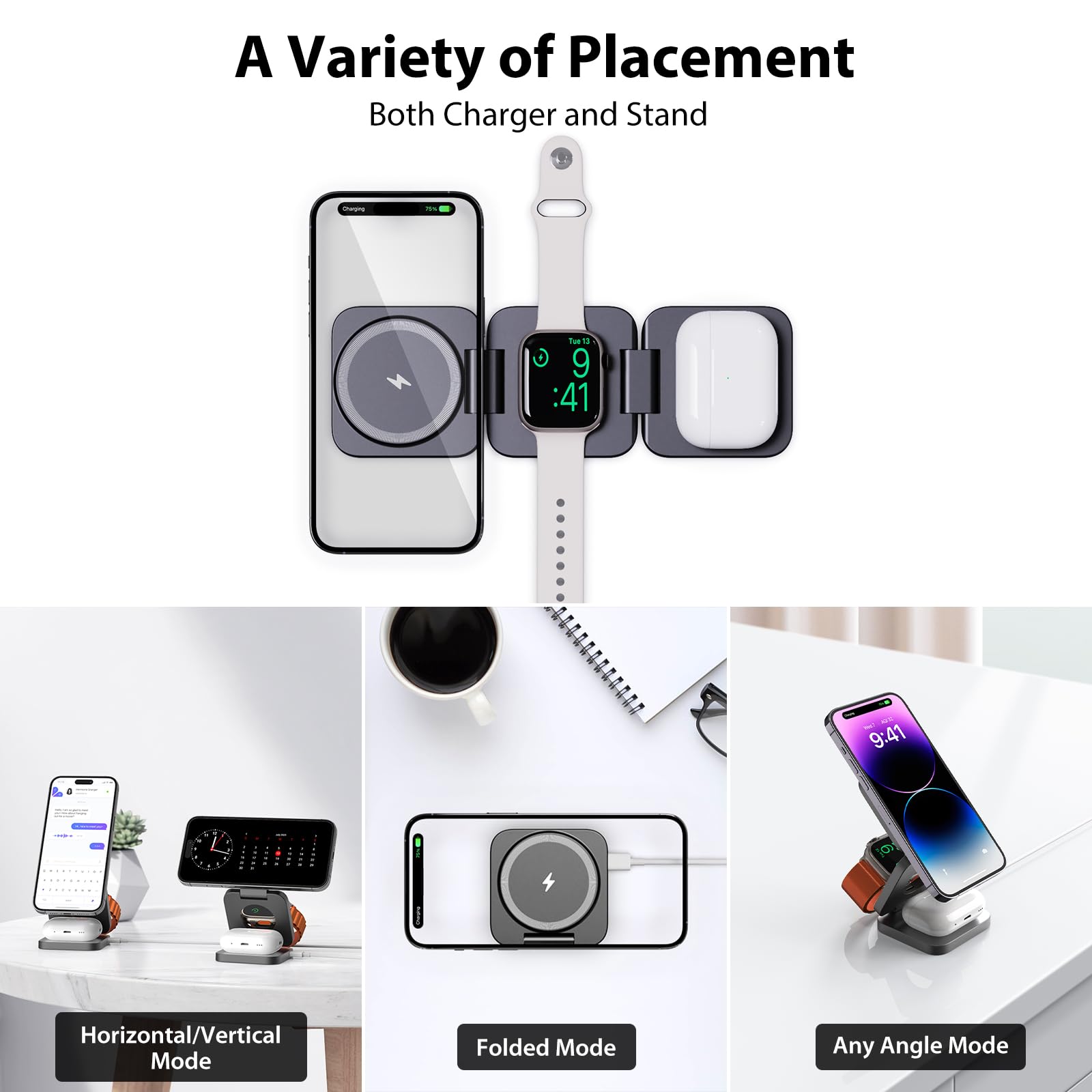 KU XIU X55 Cargador Inalámbrico para Magsafe, Plegable Estacion de Carga 3 en 1, 15W Magnetico Wireless Charger para iPhone 17-12, 5W para Apple Watch & AirPods, 30W Adaptador Incluido, Gris