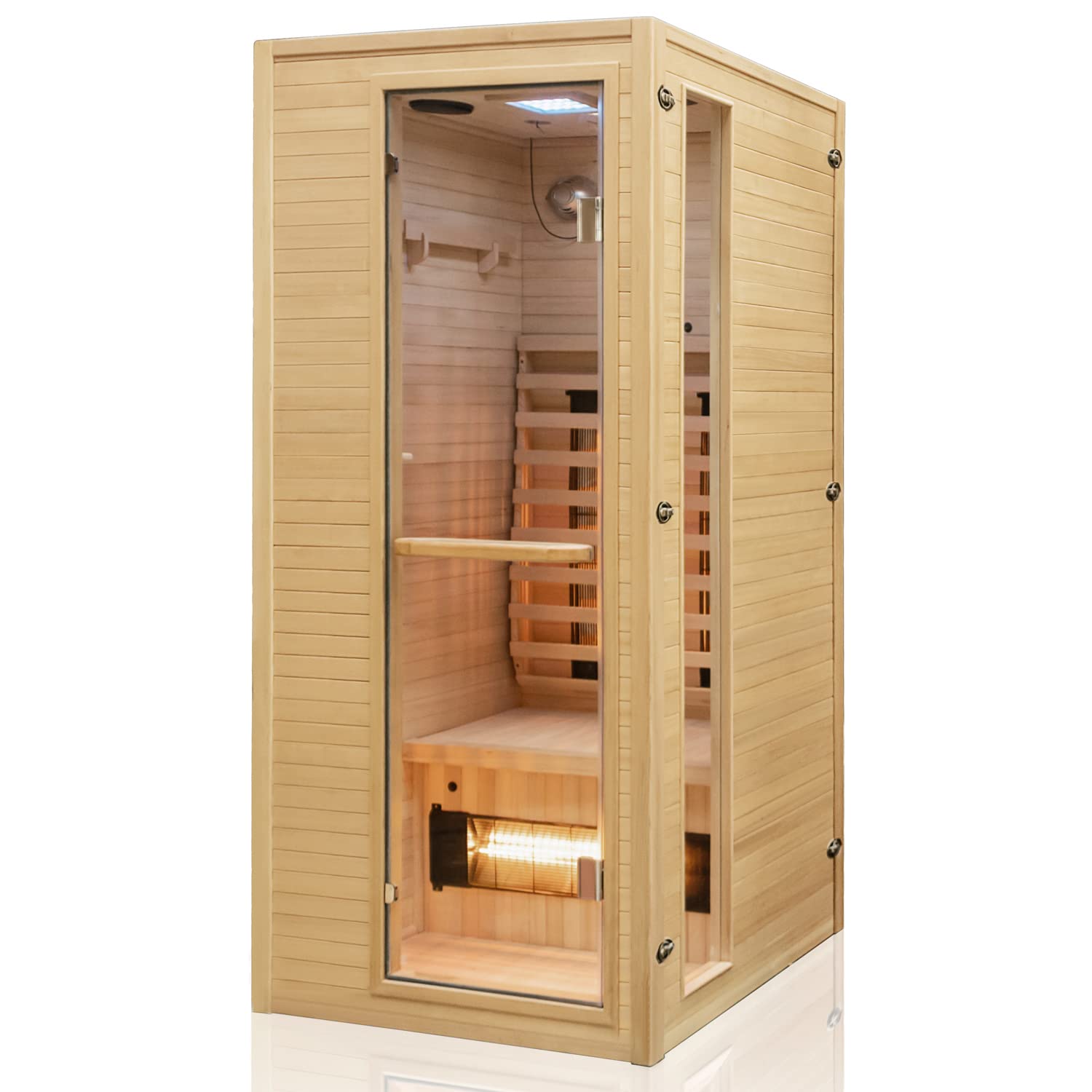 Dewello® Infrarotkabine Infrarotsauna Calgary 90cm x 90cm 1 Person inkl. Vollspektrumstrahler, Ionisator mit Aroma Therapie, LED-Farblichttherapie aus Hemlock Tannenholz