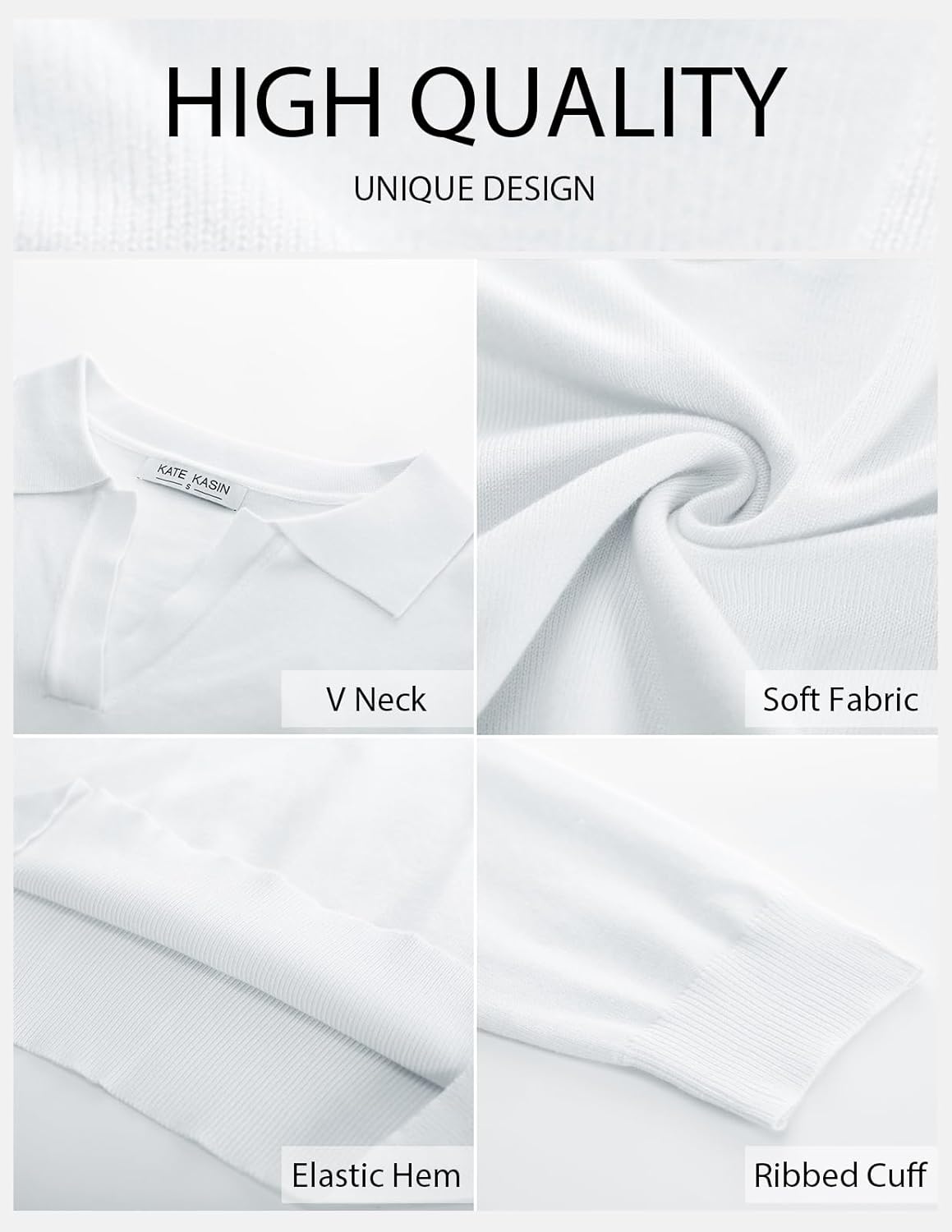 Kate Kasin Women Long Sleeve Polo Sweater V Neck Knitted Tops Casual Ribbed Shirt Loose Pullover Sweater - Image 4