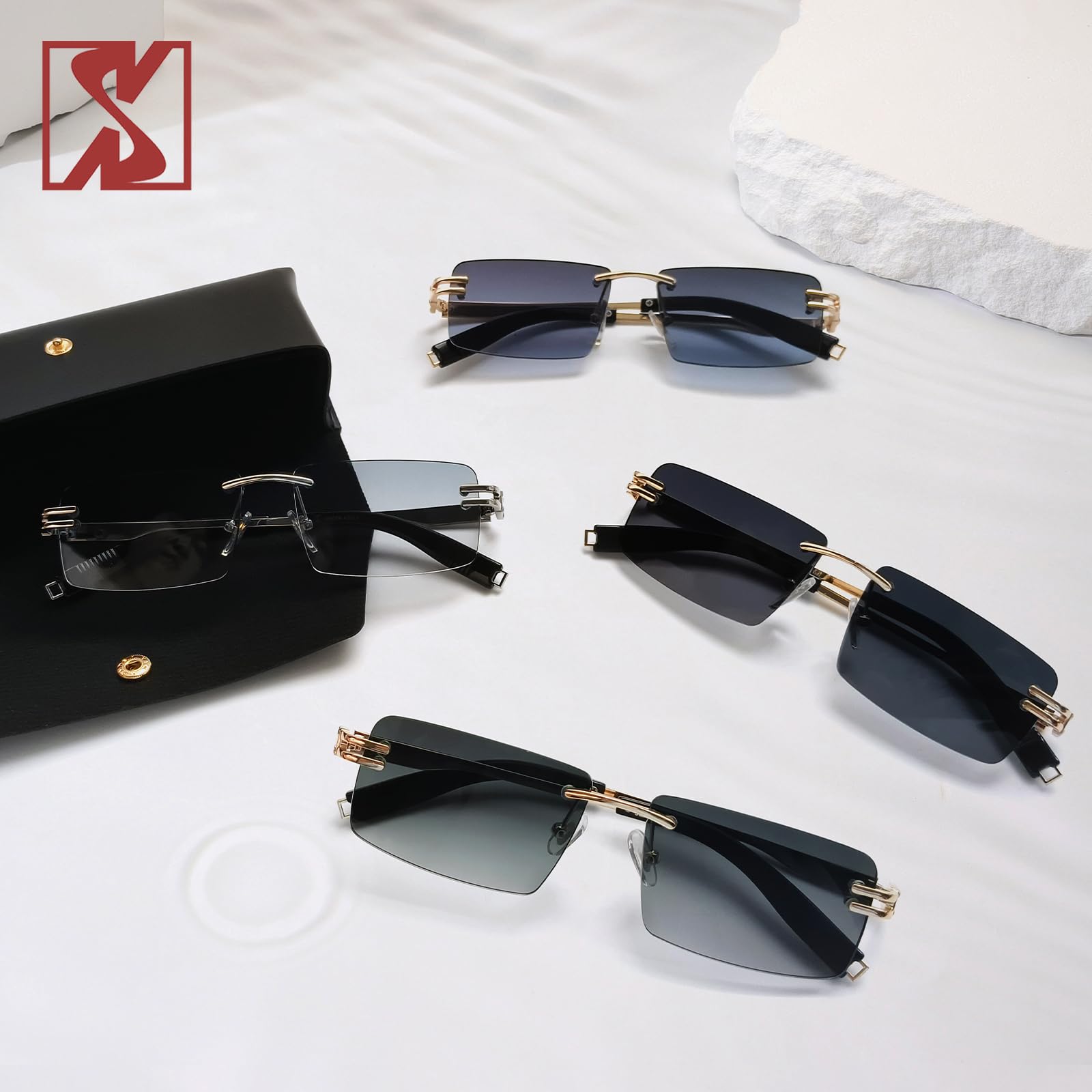 Lunettes de soleil rétro sans monture pour hommes femmes lunettes de soleil à monture ultra-petite rectangulaire voir à travers les lunettes de lentille
