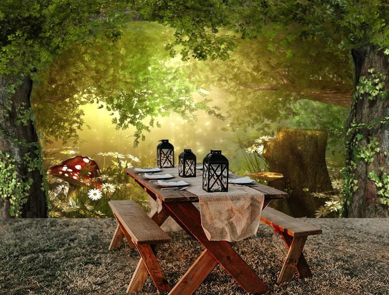 Miniatura 4 de Telones de fondo de vinilo para fotografía de cuento de hadas del bosque del país de las maravillas de 5 x 3 pies, árboles verdes, flores
