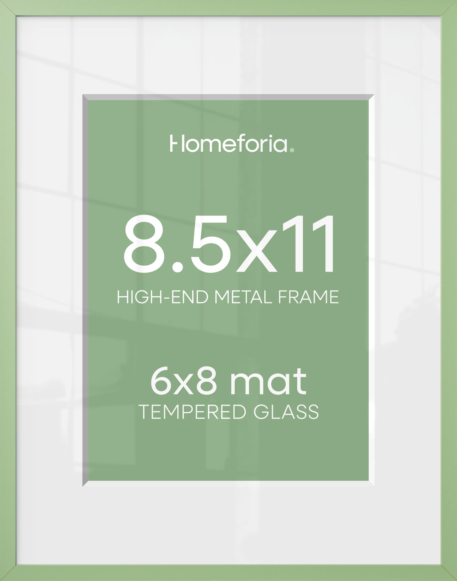 Homeforia 8.5x11 Green Picture Frame, High-End Metal, 6x8 Mat, Glass | High End Aluminum, Tempered Glass, Acid-Free 6x8 Removable Mat, 8.5x11 in Edge-to-Edge Display 11x8.5, Wall Kit, Set Of 1