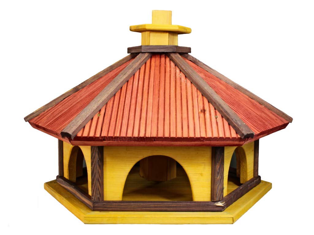 Wooden Bird Feeder on Stand – Handmade Birdhouse with Top Hopper, Eco-Friendly Nesting Box for Garden, Balcony or Terrace - Size L, Yellow-red — image 1