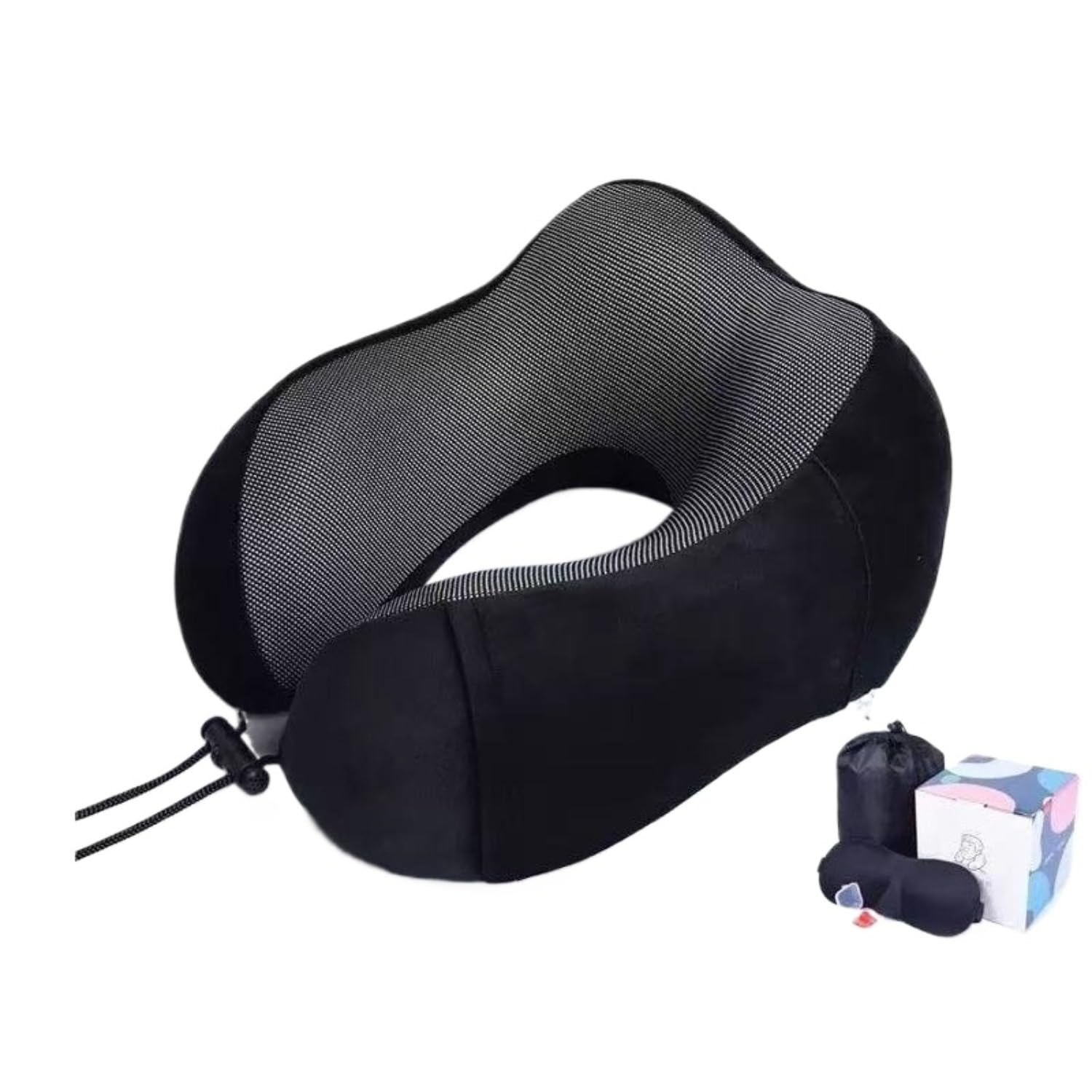 Almohada de viaje para adultos, almohada de cuello de espuma viscoelástica ajustable para aviones y vuelos de larga distancia, soporte ergonómico portátil con bolsa, máscara de ojos y tapones para los