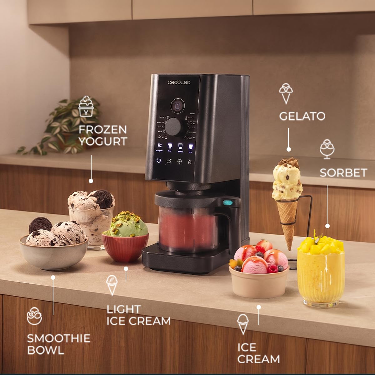 Cecotec Eismaschine Gelatec 1800, CreamOn and Re-Spin für ultra cremig, 10 Programme Eis & Ice-Drinks, Drehregler, Eis in 5 Min nach Einfrieren, 1,35 L mit 3x 450 ml BPA-frei, Mix-ins