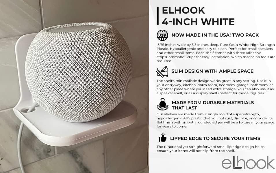 eLhook Made in USA White Stick-On Removable Adhesive Floating Wall Shelf with Cable Management for Small Electronics | Durable Textured ABS Injection Molded Plastic with Lipped Edges | Set of 2