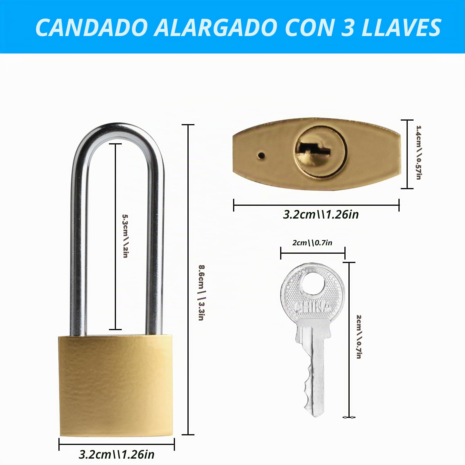 Pack de 4 candados con grillete largo, candado de 32 mm, con llaves iguales, candados con llave, cerradura de seguridad para equipaje, armarios, taquillas, cerradura para maletas