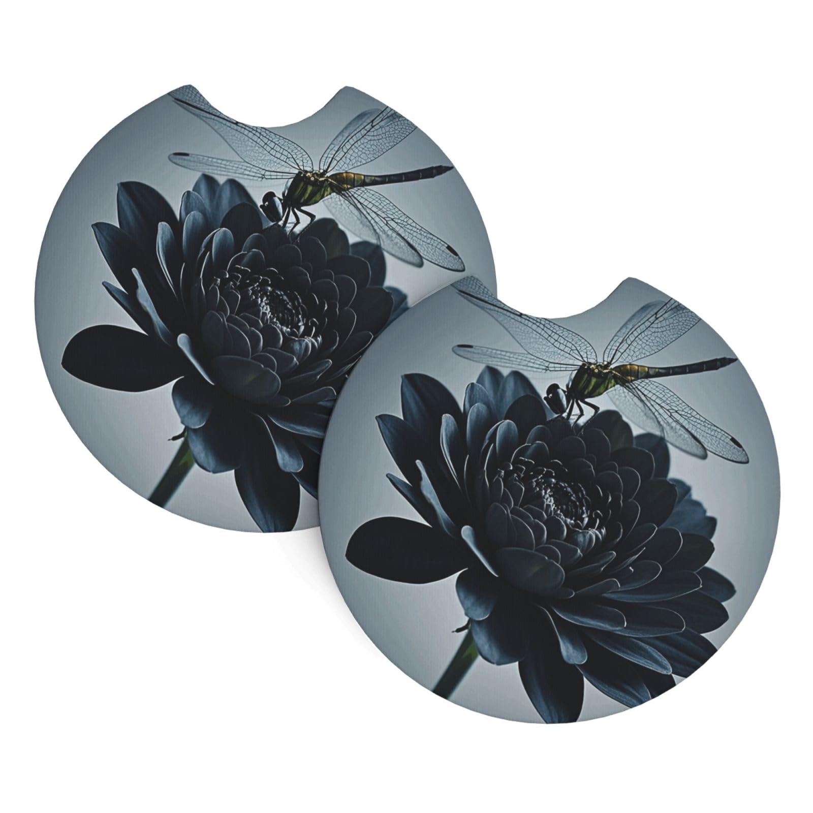 2 Pack Car Coaster for Cup Holders Black Flowers and Dragonfly Car Cup Coaster 2.7" Neoprene Non-Slip Automotive Cup Mat Universal Auto Car Interior Accessories for Women Men Cup Pad