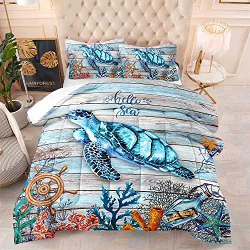Dycolor 3D Retro Teal Turtle Bedding Quilt, 3-Piece Nautical Sea Animal Coral Starfish Tortoise Reptile Comforter Set With 1 Comforter And 2 Pillow Cases For Kids, Teens, Adults (03, Twin) #TOP6