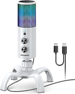 Aokeo USB Gaming Microphone, PC Computer Condenser Mic with Gain,RGB Light for Recording,Podcasting,Streaming,YouTube, Twitch,Skype,Compatible with PS5 PS4 Mac Laptop Desktop（White）