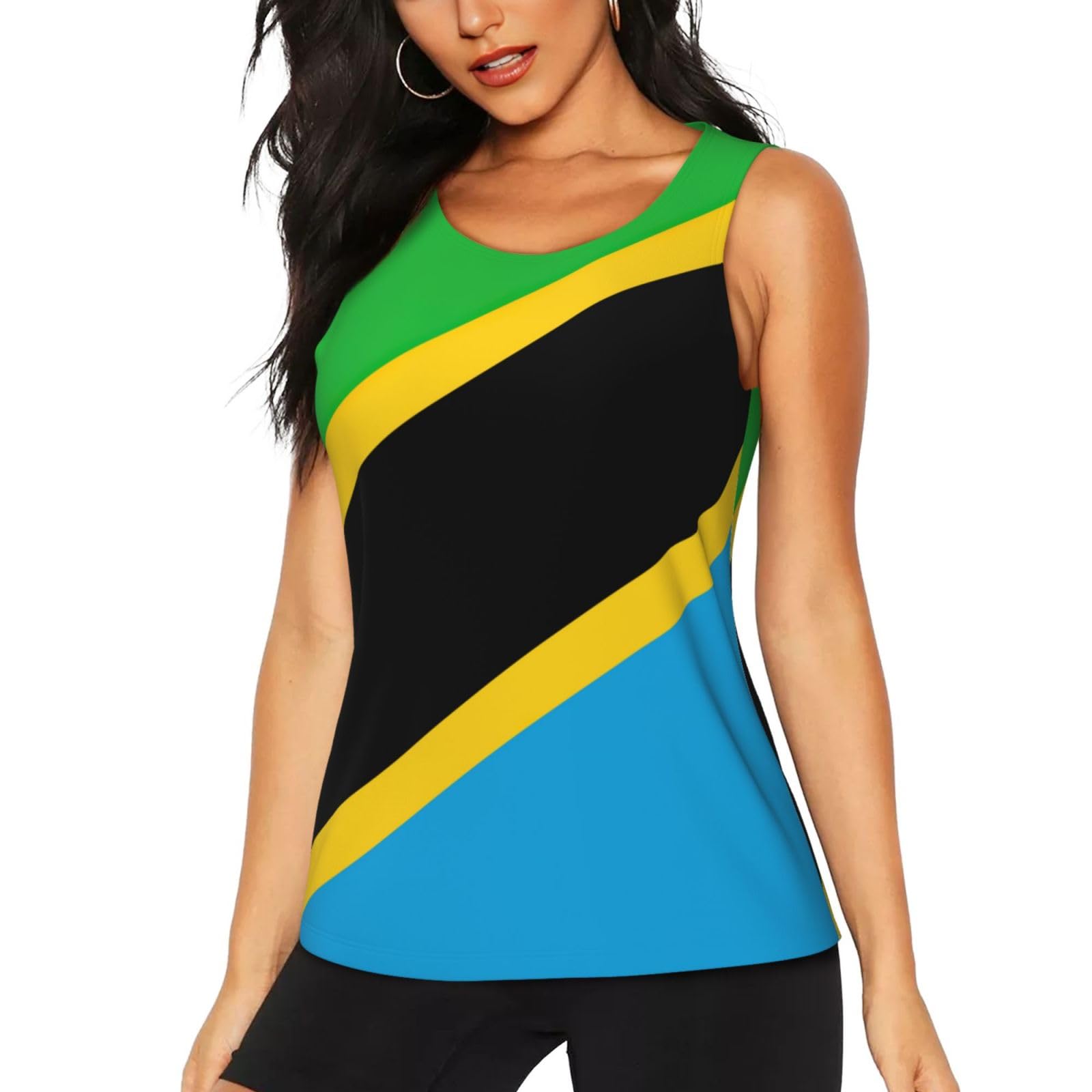 Wangyufen Womens Workout Tank Tops Sports Athletic Vest Tanzania Flag Print Racerback for Running Gym Dance, Black, XXL