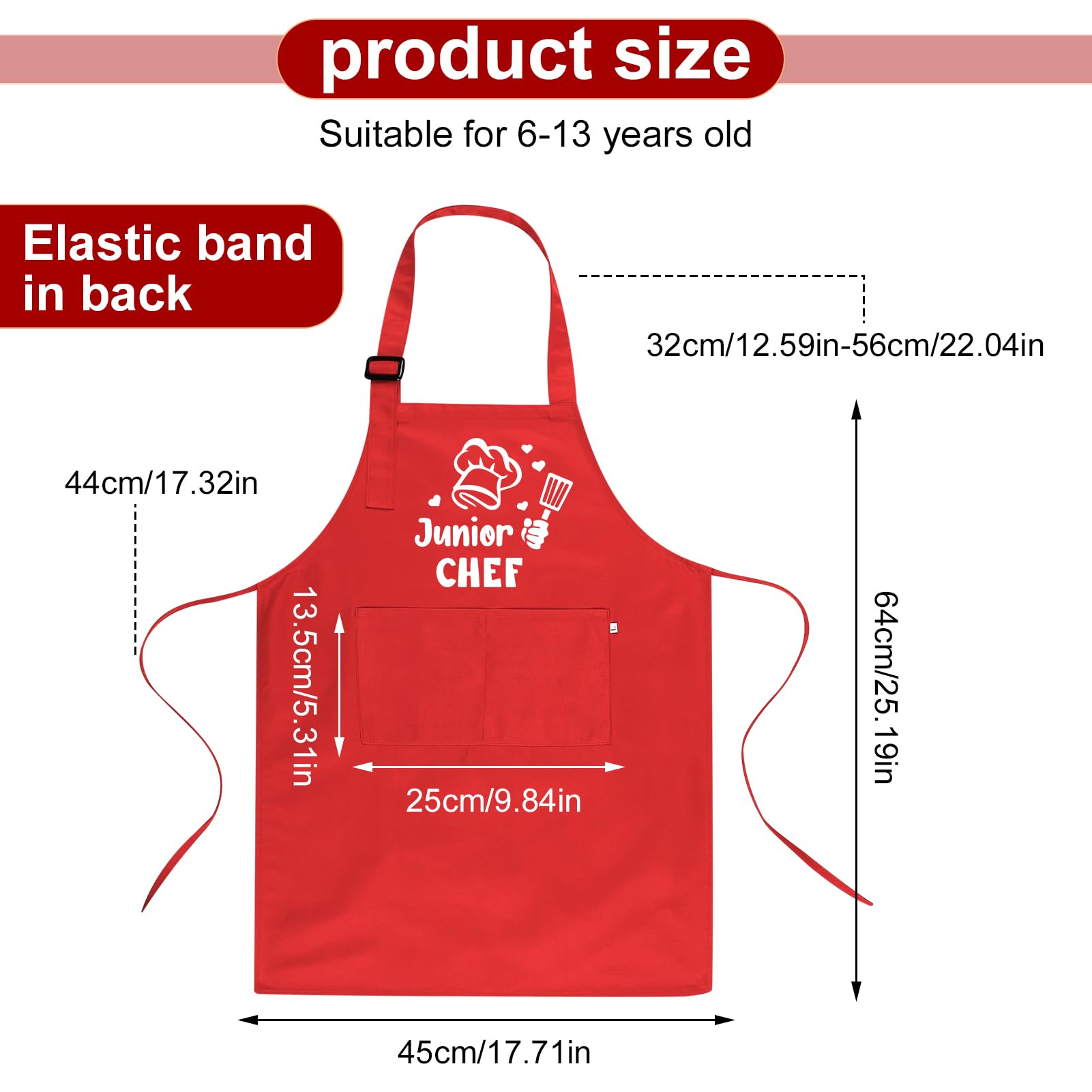 XLSXEXCL Kids Apron and Chef Hat Set, “Junior Chef” Apron Adjustable Child Apron Chef in Training Funny Apron with 2 Pockets for Boys and Girls(Red)