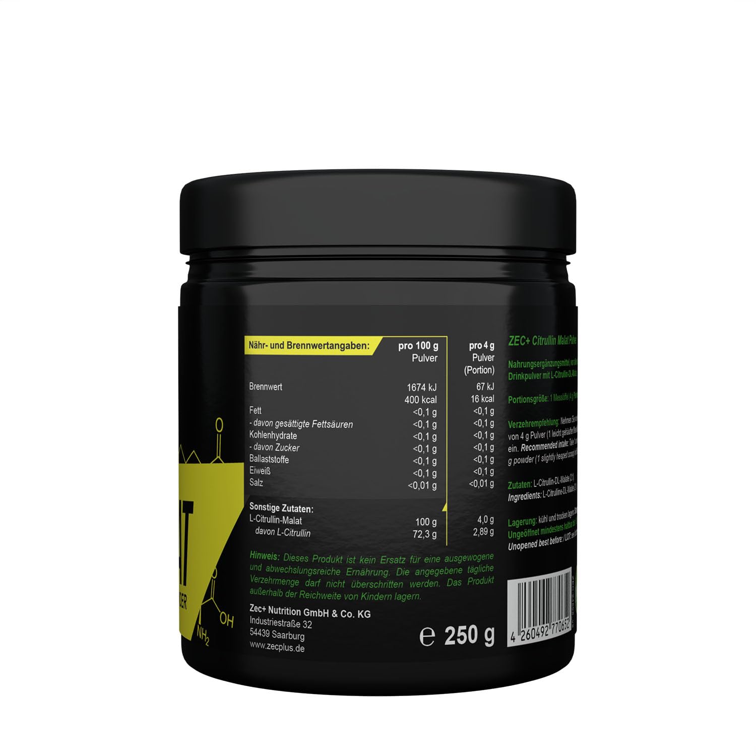 Zec+ Nutrition L-CITRULLIN MALAT Pulver 250g │ Pre Workout Pump Booster | Premium Aminosäuren-Supplement vegan