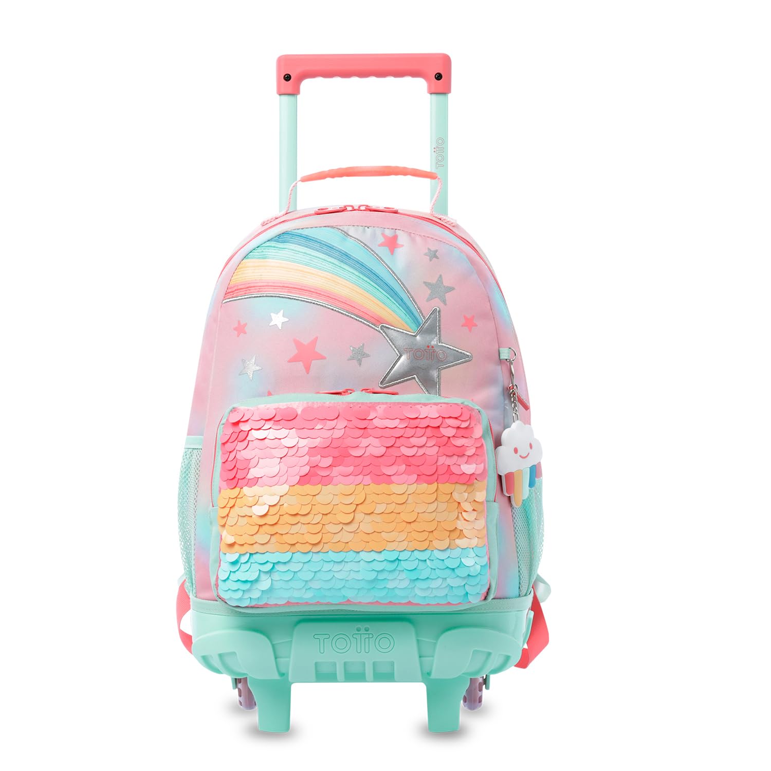 TOTTO - Mochila Escolar con Ruedas, Modelo Rainbow Star M, Mochila Mediana, Capacidad 23 L, Bolsillos Botella, Compartimento Frontal, Protección en la Base, Correas Ajustables, Estampado Rosa
