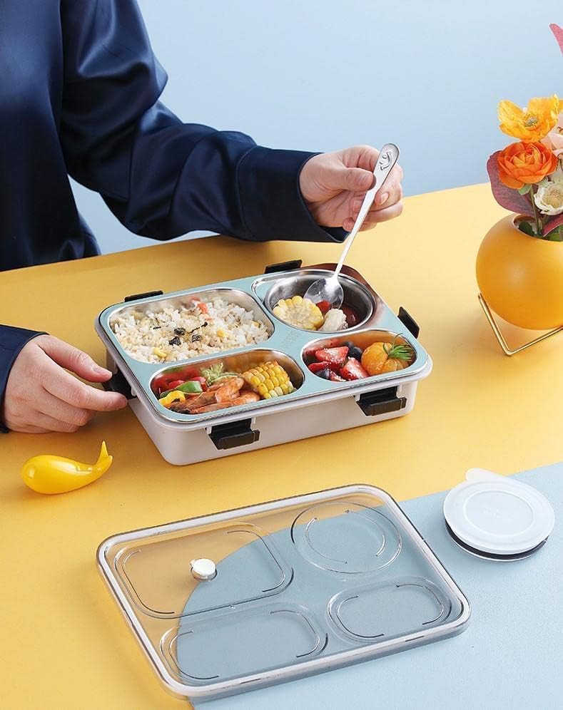 Image of Storescent Lunch Box with Compartment, Leak-Proof BPA Free Stainless Steel for School, Lunch Box for School & Office with a Fork, a Spoon and a Pair of Chopsticks (Blue, 4 Compartment)