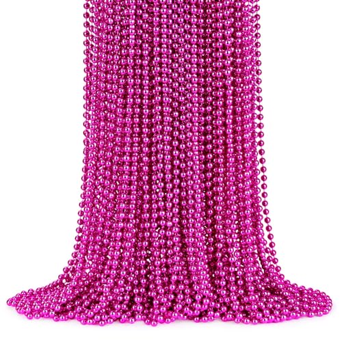 72 PCS Hot Pink Bead Necklace Pink Mardi Gras Beads Cancer Awareness Necklaces 33 Inch Round Valentine Party Beads for Mardi Gras Christmas Cancer Awareness Month Events Mothers Day Decor