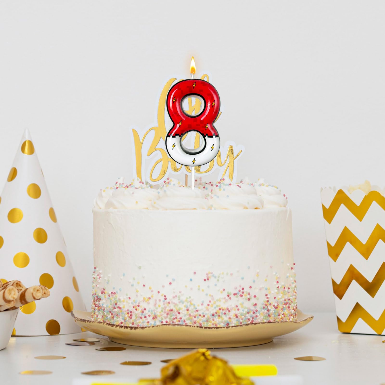 Vela digital de pastel de relámpago de dibujos animados blanco y rojo, vela de cumpleaños de dibujos animados, decoración de pasteles, decoración de cumpleaños, suministros de fiesta de