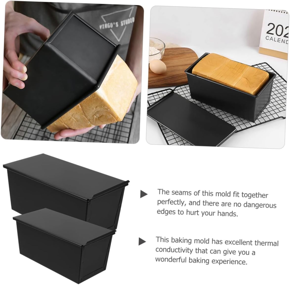 Unomor 2pcs Sliding Lid Toast Box Loaf Pan Lid Nonstick Carbon Steel Baking Pan