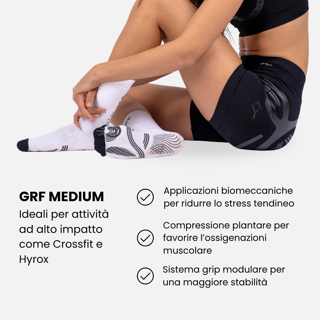 FLOKY GRF MEDIUM Biomechanische Kompressionsstrümpfe für Sport mit hohem Aufprall für Basketball, Volley, Crossfit, Hydrox, Schutz der Achillessehne und Muskeln, maximale Vibrationsreduzierung.